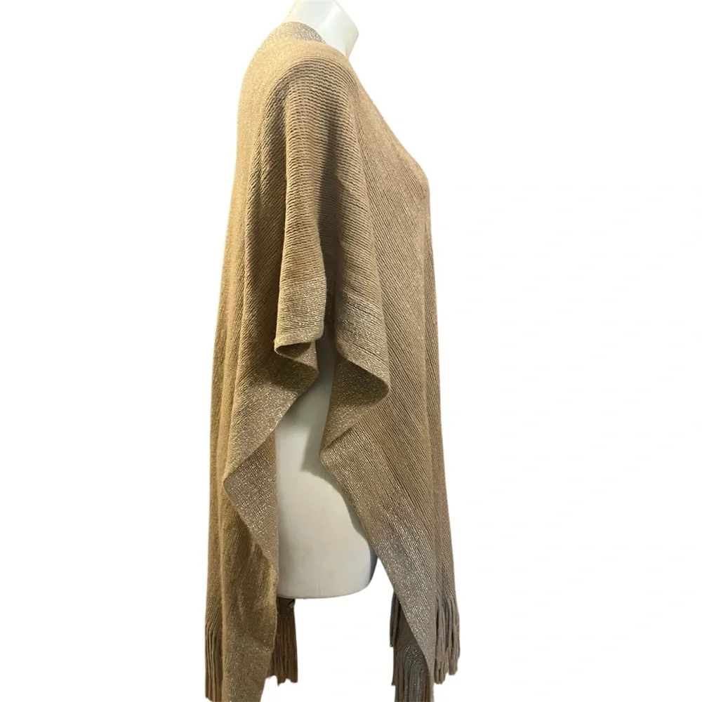 Northern Angel tan knit poncho with gold thread trim and fringe - Picture 7 of 12